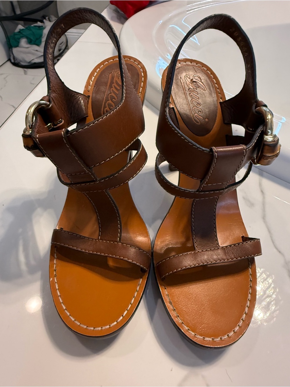 Gucci Brown Leather Strappy Slingback Sandals with Gold Buckle